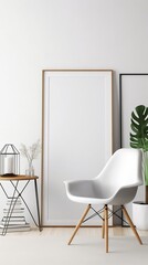 Blank picture frame mockup on gray wall. Modern living room design. View of scandinavian rustic style interior with chair. Home staging and minimalism concept, ai