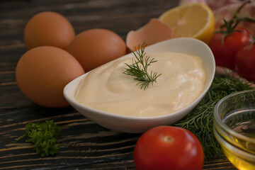 Homemade mayonnaise on old background