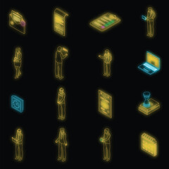 Assignment icons set. Isometric set of assignment vector icons neon color on black