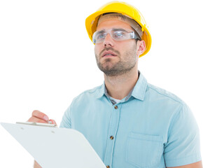 Supervisor looking away while writing on clipboard