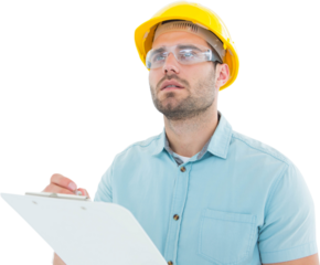 Supervisor looking away while writing on clipboard