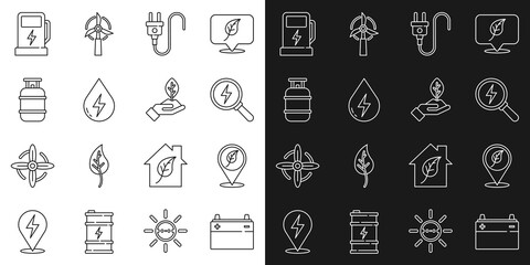 Set line Car battery, Location with leaf, Lightning bolt, Electric plug, Water energy, Propane gas tank, car charging station and Plant hand icon. Vector
