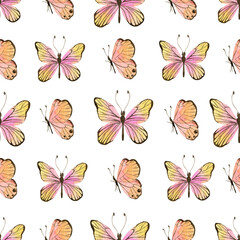 Fototapeta na wymiar Watercolor seamless pattern with pink butterflies. Hand drawn watercolor cute butterflies. Winged insects for design.