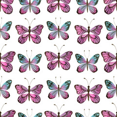 Watercolor seamless pattern with purple and blue butterflies. Hand drawn watercolor cute butterflies. Winged insects for design.