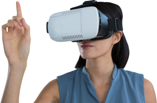 Female executive gesturing while using virtual reality headset