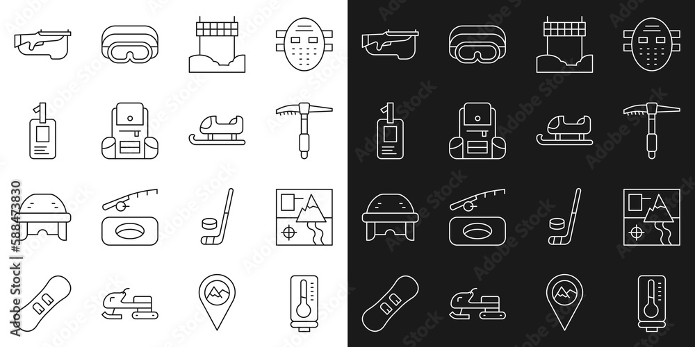 Sticker Set line Meteorology thermometer, Folded map, Ice axe, Ribbon in finishing line, Hiking backpack, Identification badge, Biathlon rifle and Sled icon. Vector