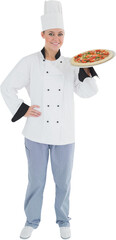 Confident female chef holding pizza 