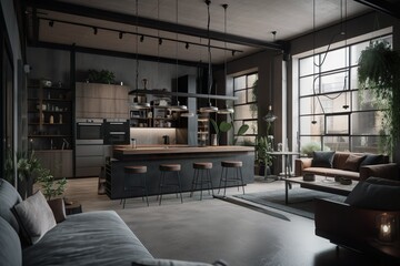 Modern kitchen with lots of light and a kitchen island made with Generative AI