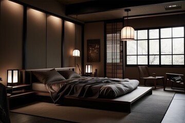 Compact and modern bedroom in brown and black theme made with Generative AI