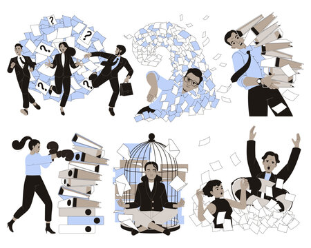 Office Bureaucracy with People Characters Having Loads of Paperwork Vector Set