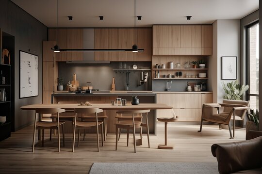 Modern kitchen with lots of light and a kitchen island made with Generative AI