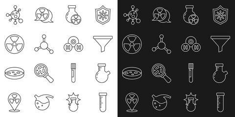 Set line Test tube and flask, Funnel or filter, radiation, Molecule, Radioactive, and Chemical formula for H2O icon. Vector