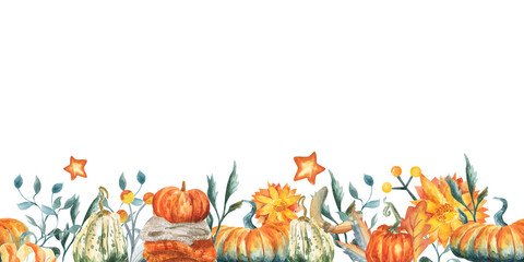 Hello autumn banner. Pumpkin seamless border. Watercolor illustration
