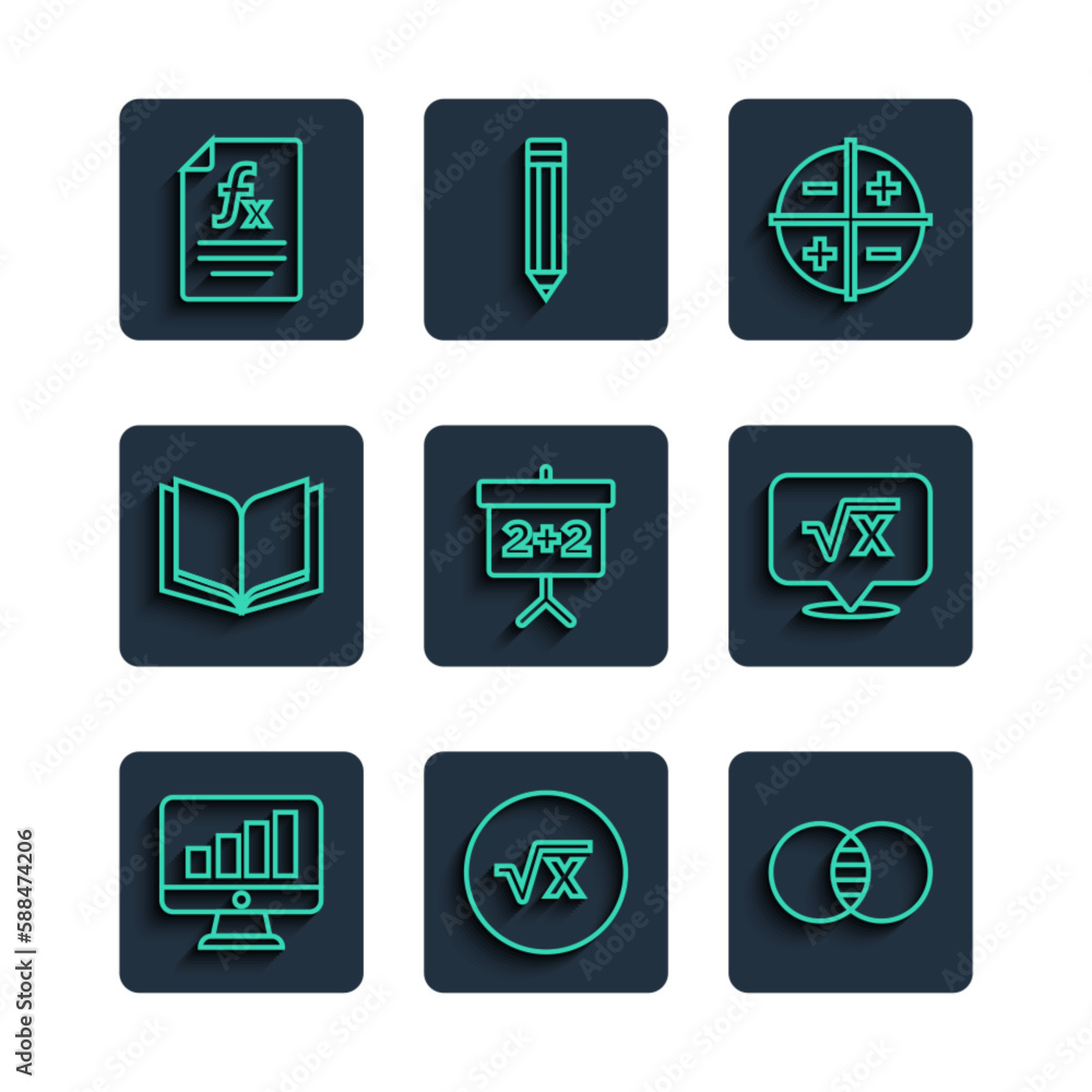 Poster set line computer monitor with graph chart, square root of x glyph, mathematics sets a and b, xyz co