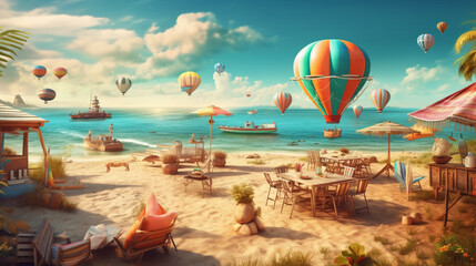 
Concept of summer party and travel, summer beach and wave, Vector illustration in minimalist style
