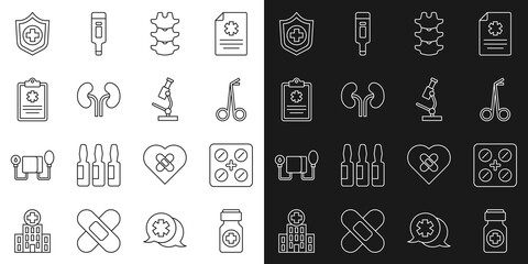 Set line Medicine bottle and pills, Pills blister pack, Medical scissors, Human spine, kidneys, Clinical record, Life insurance hand and Microscope icon. Vector