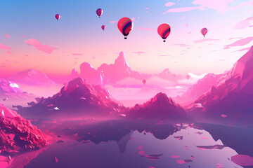 Balloons flying over rock landscape at imagin landscape, created with Generative AI Technology