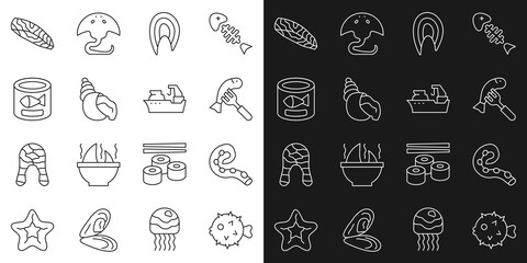 Set line Fish hedgehog, Octopus of tentacle, Served fish on plate, steak, Scallop sea shell, Canned, and Fishing boat icon. Vector
