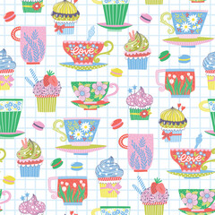 Seamless pattern with colorful painted tea cups and cupcakes for textile design. Kitchen decorative background in bright colors. Hand-drawn trendy vector illustration with mugs, sweets and flowers.