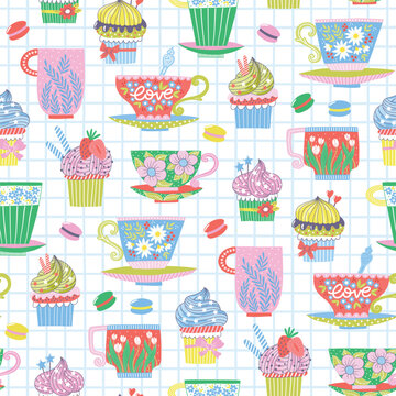 Seamless pattern with colorful painted tea cups and cupcakes for textile design. Kitchen decorative background in bright colors. Hand-drawn trendy vector illustration with mugs, sweets and flowers.