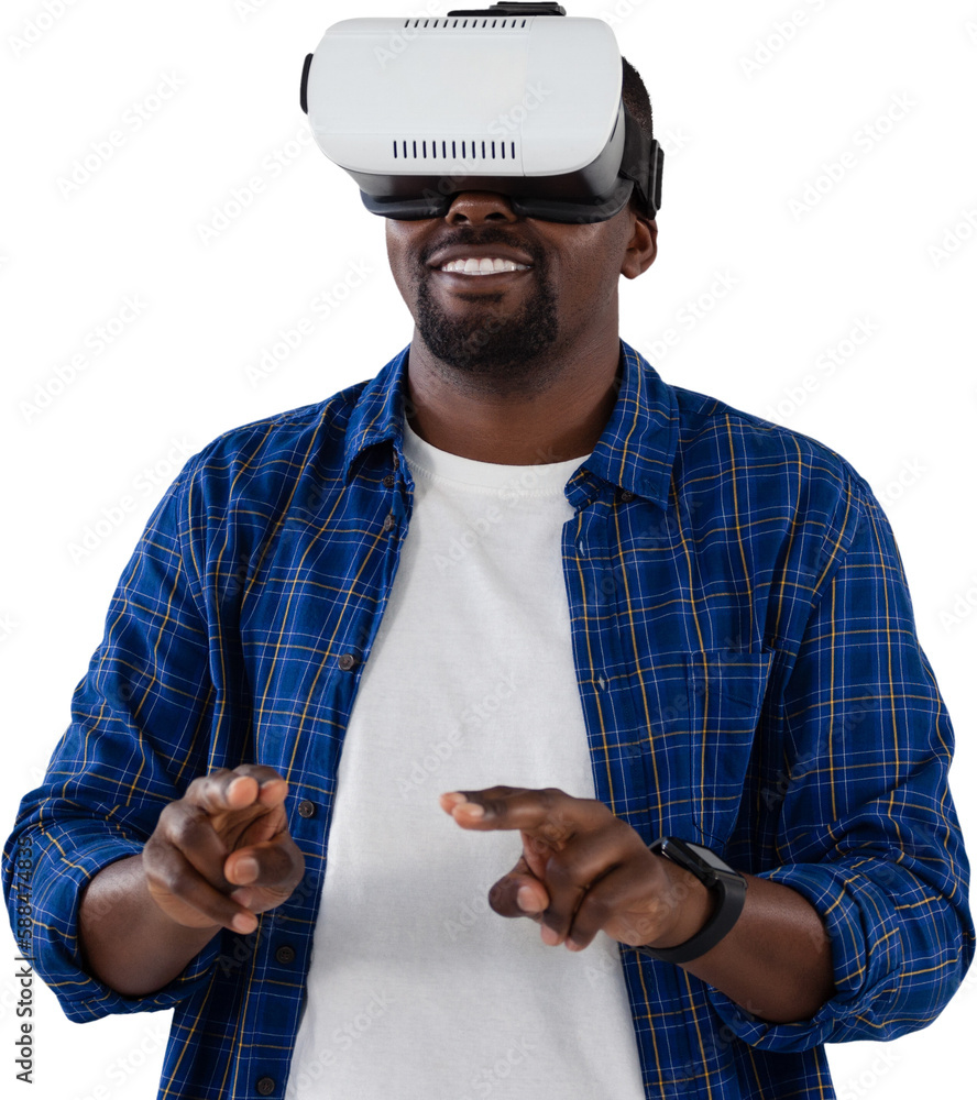 Poster man gesturing while using virtual reality headset