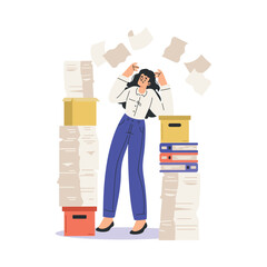 Office Bureaucracy with Woman Character with Loads of Paperwork Vector Illustration