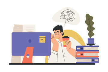 Office Bureaucracy with Frustrated Man Character at Desk with Loads of Paperwork Vector Illustration