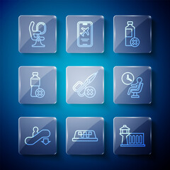 Set line Escalator down, Taxi car roof, Airport control tower, No water bottle, scissors, Airplane seat and Human waiting in airport terminal icon. Vector