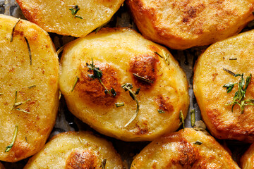 Close up view of sliced baked potatoes seasoned with aromatic herbs