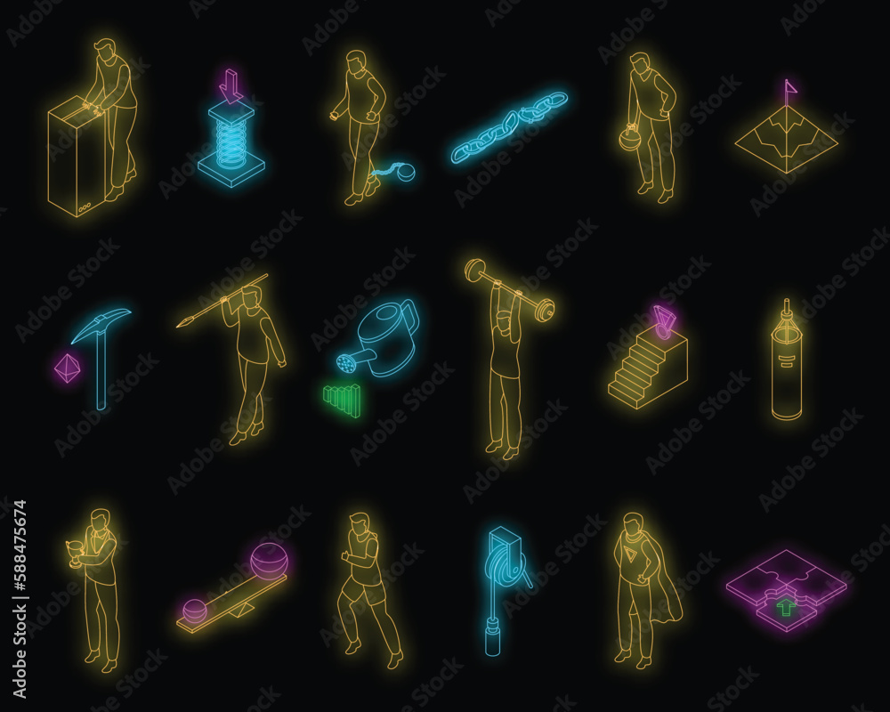 Poster effort icons set. isometric set of effort vector icons neon color on black