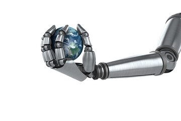 Digital image of chrome robot hand holding globe