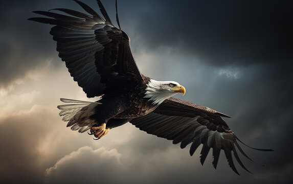 Bald eagle soaring in the sky with wings spread wide. The background is cloud. Generative AI