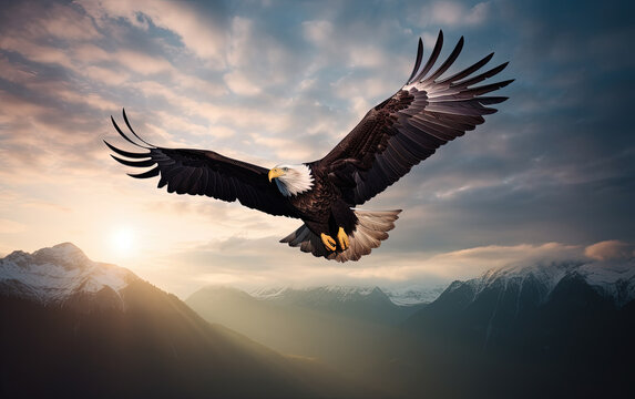 Bald eagle soaring in the sky with wings spread wide. The background is cloud. Generative AI