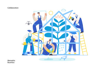 Memphis business illustration. Collaboration -modern flat vector concept illustration, team, people working together in greenhouse, constructing, watering, planting. Corporate teamwork metaphor.