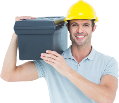 Happy worker carrying tool box on shoulder - Powered by Adobe