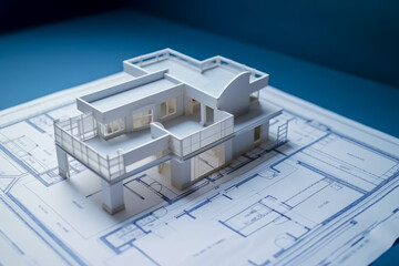 model of a modern house placed on a constructional blueprint, real estate and architectural concept, generative AI