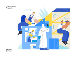 Memphis business illustration. Collaboration -modern flat vector concept illustration, team, people constructing a building together, painting, assembling, mounting. Corporate teamwork metaphor.