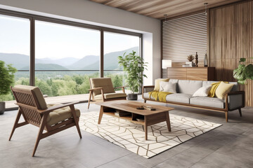 Salon d'une maison design, grande baie vitrée donnant sur un paysage de montagnes verdoyantes. - obrazy, fototapety, plakaty