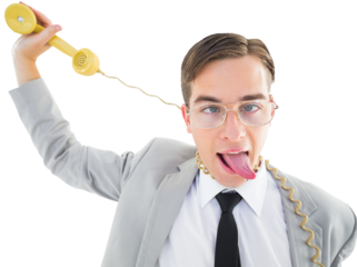 Geeky businessman being strangled by phone cord