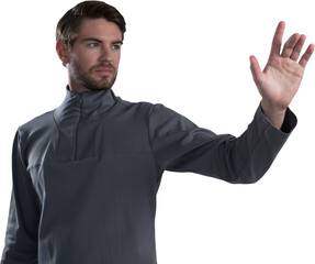 Man pretending to touch an invisible screen