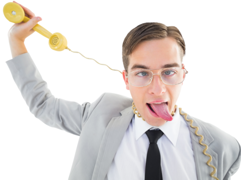 Geeky businessman being strangled by phone cord - Powered by Adobe