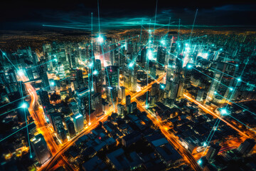 Modern city with wireless network connection concept, nighttime panorama with visualization of connections. High quality generative ai