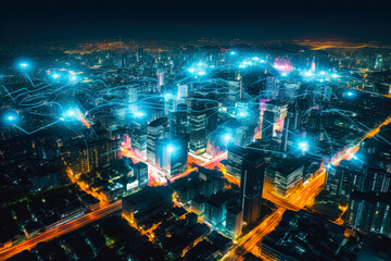 Obraz premium Modern city with wireless network connection concept, nighttime panorama with visualization of connections. High quality generative ai
