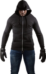 Male robber in black hoodie standing 