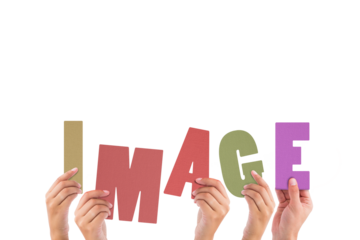 Colorful alphabet spelling image held up by people 