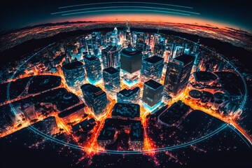 Modern city with wireless network connection concept, nighttime panorama with visualization of connections. High quality generative ai