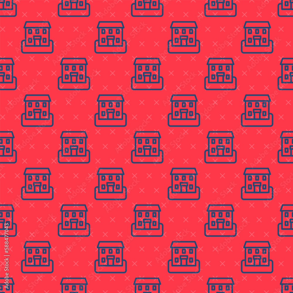 Poster blue line school building icon isolated seamless pattern on red background. vector