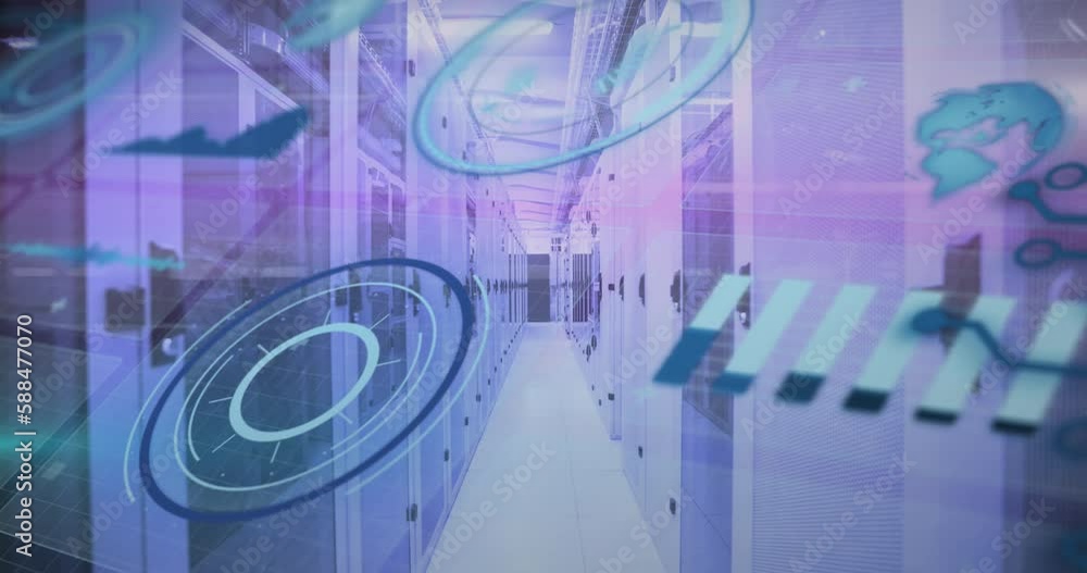 Poster animation of wave patterns over graphs, circles, globe and soundwaves against server room