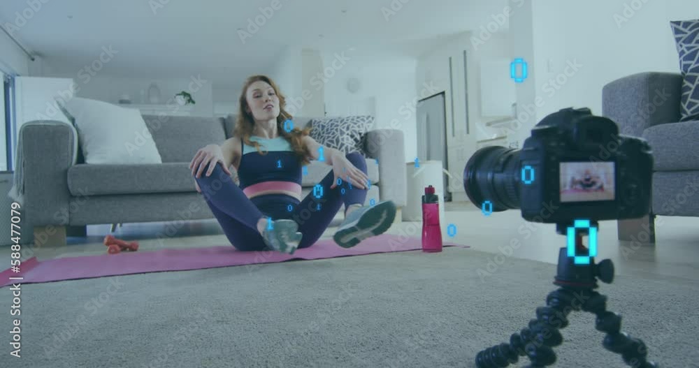 Poster animation of looping binary codes, caucasian woman recordings stretching exercise on video recorder