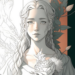 Portrait of a young girl with roses in line art style created with Generative AI technology.